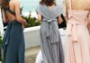 Three bridesmaids wearing different blue, grey and blush dress styles