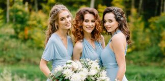 Three bridesmaids in pale blue dresses holding white flower bouquets