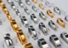 Gold and silver-coloured wedding bands displayed in different widths