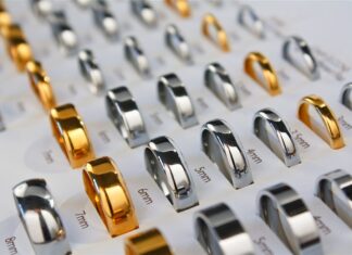 Gold and silver-coloured wedding bands displayed in different widths
